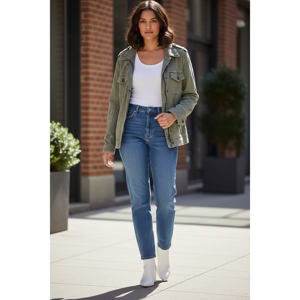 Olive Utility Jacket Women M Military Cargo Zip Snap Fitted Workwear‎ Minimalist